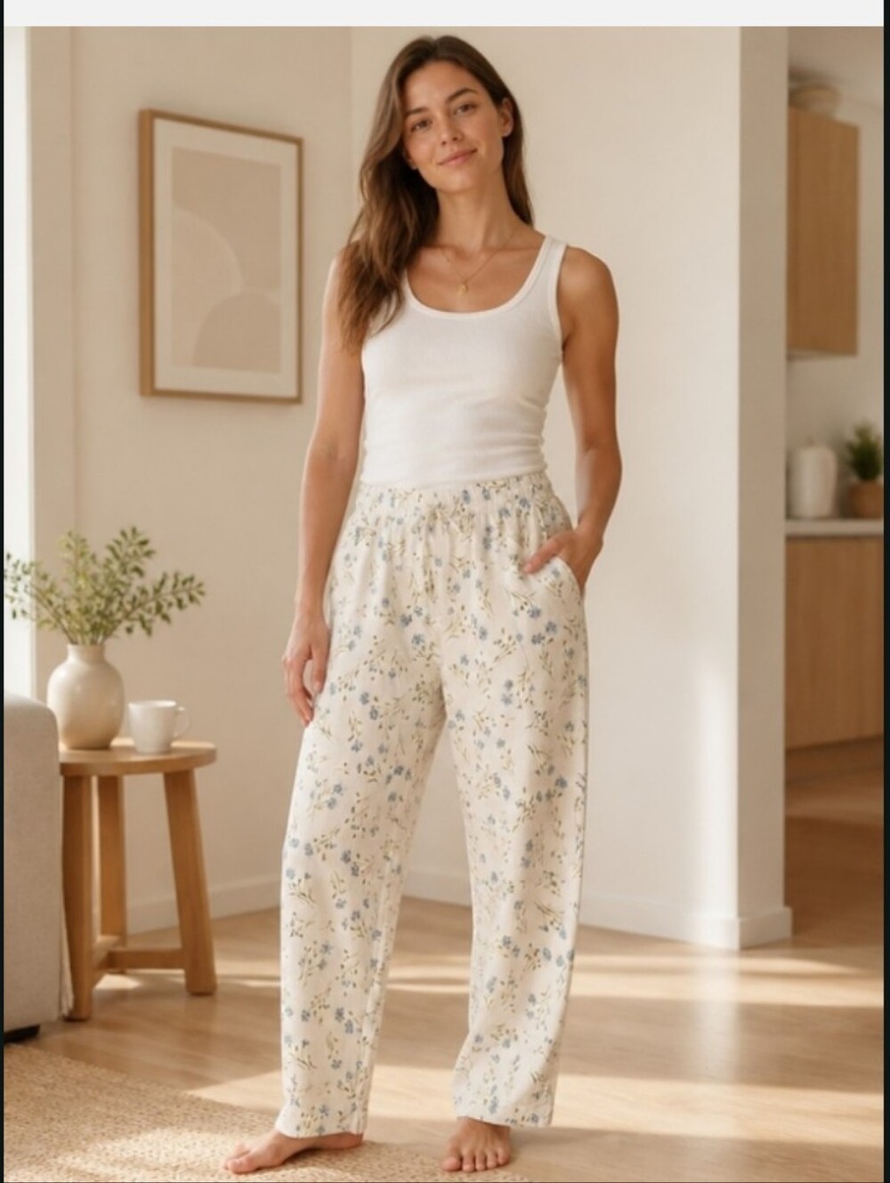 Denim&Co Cream Floral Lounge Pants with Blue and Yellow Print